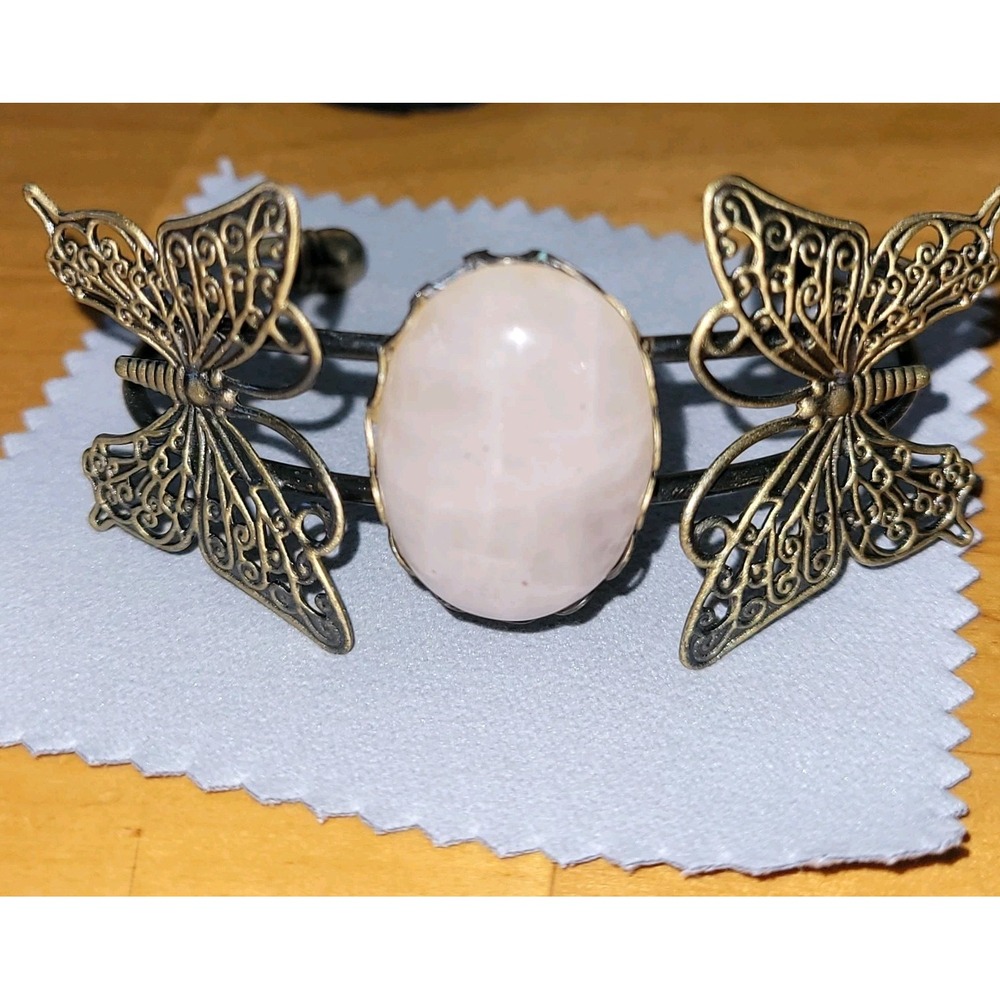 Vintage Rose Quartz Cabochon Filigree Butterfly Cuff Bracelet 17.8g